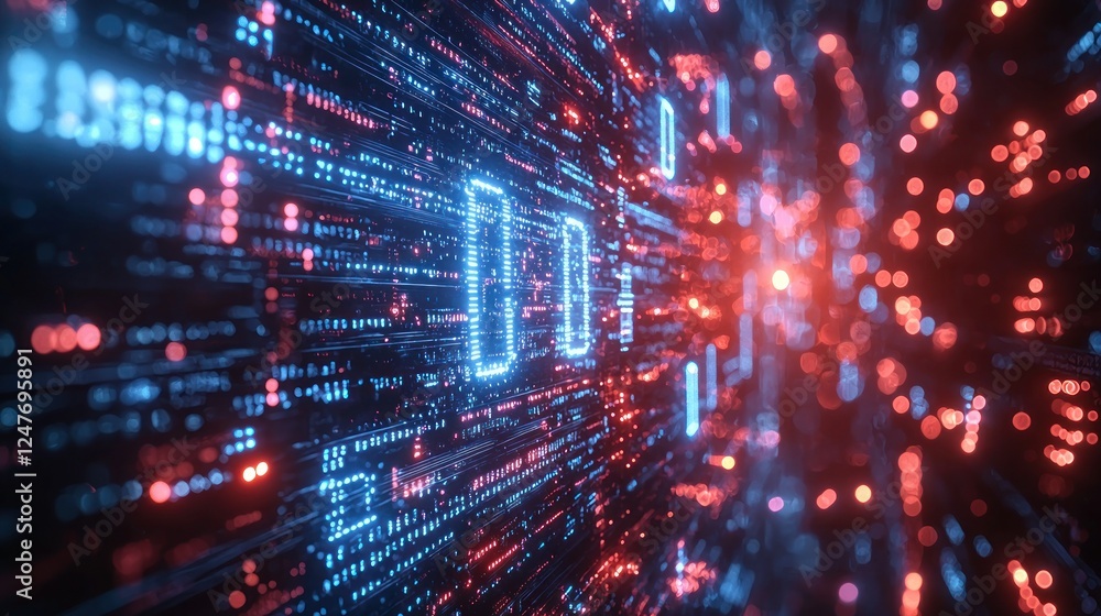 Poster digital data stream, binary code, technology, glowing particles background, website header