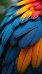 Obraz premium Close-up view of vibrant toucan feathers. Colorful plumage with blue, orange tones. Feathers appear soft, delicate. Stunning natural texture. Beautiful tropical bird. Perfect for wallpapers,