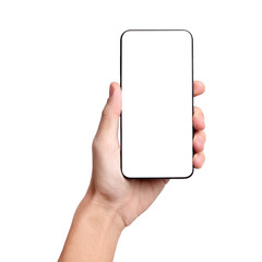 Man with modern smartphone on white background, closeup