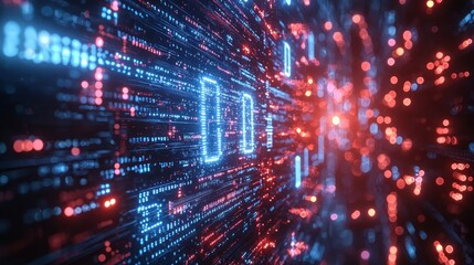 Digital data stream, binary code, technology, glowing particles background, website header