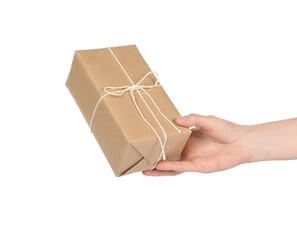 Woman with parcel box on white background, closeup
