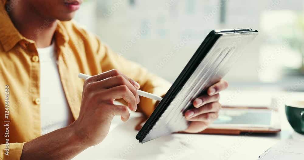 Poster hands, person and drawing on tablet in office as graphic designer, creative sketch and website desig