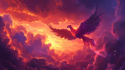 Obraz premium A majestic phoenix flying through vibrant clouds at sunset, symbolic of rebirth and transformation. Symbolic Rebirth. Illustration