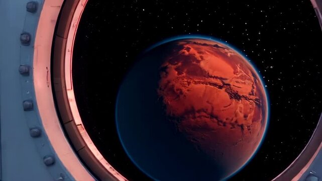 Flying through the hold of a spaceship into a window where you can see the planet mars close-up outside