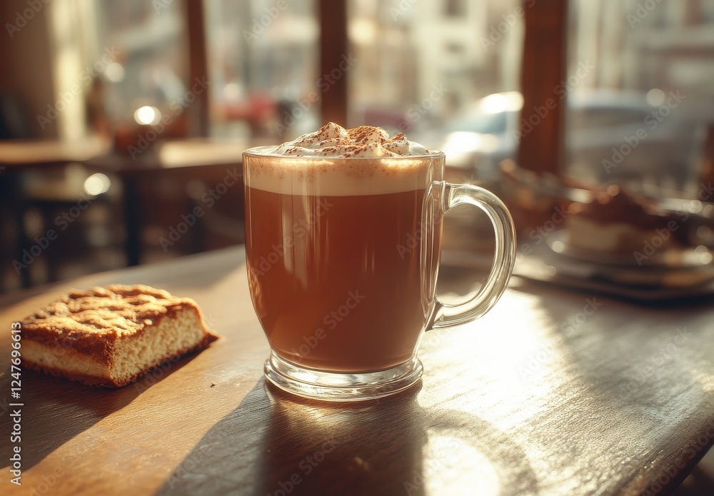 Poster warm coffee drink with cream and ground cocoa on the table next to a delicious cake slice in a cozy 