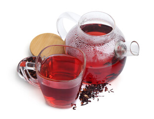 Tasty hibiscus tea in glass cup and teapot isolated on white