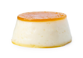 Tasty pudding with caramel sauce isolated on white