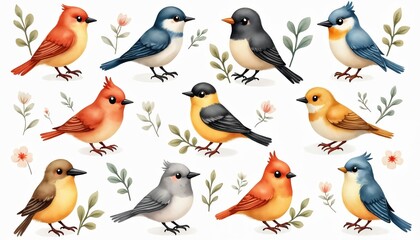 Fototapeta premium Cute cartoon birds in watercolor style. Colorful birds set with various colors like red orange yellow blue, gray. Birds on transparent background. Small flowers, leaves surrounding birds. Adorable,