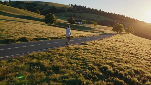 Individual strolls along an empty road surrounded by lush green fields and distant hills. The golden light of sunset enhances the tranquil atmosphere, creating a picturesque countryside setting.