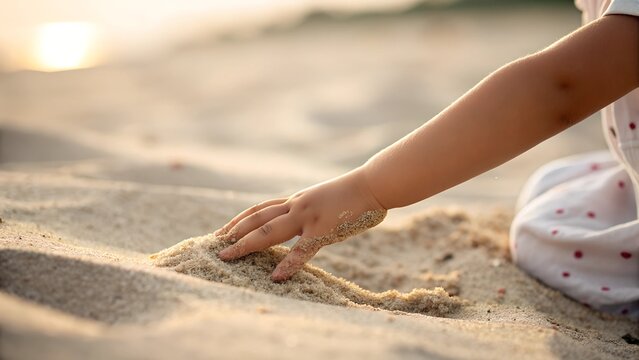 A toddler’s delicate hand reaching out to touch warm sand and seashells on the beach. A soft and sentimental moment of childhood curiosity.
