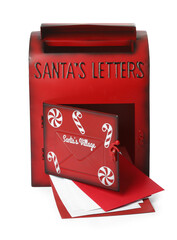 Santa Claus mail box with letters isolated on white. Christmas tradition