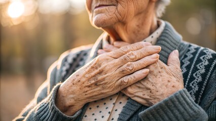 An elderly woman places her hands on her chest in a heartfelt gesture. The wrinkles on her skin and warm lighting create an emotional and nostalgic atmosphere of wisdom and life experience.