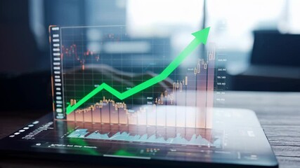 The green arrow of the revenue growth graph on the holographic display. Sales growth. Cryptocurrency theme. The growth of investment. 