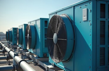 Industrial air conditioning units on rooftop. Large fans circulate cool air. Network of pipes connects tech equipment. Commercial building installation. Modern cooling system. Efficient ventilation