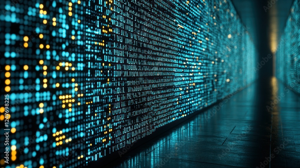 Poster digital data streams flow in a dark corridor