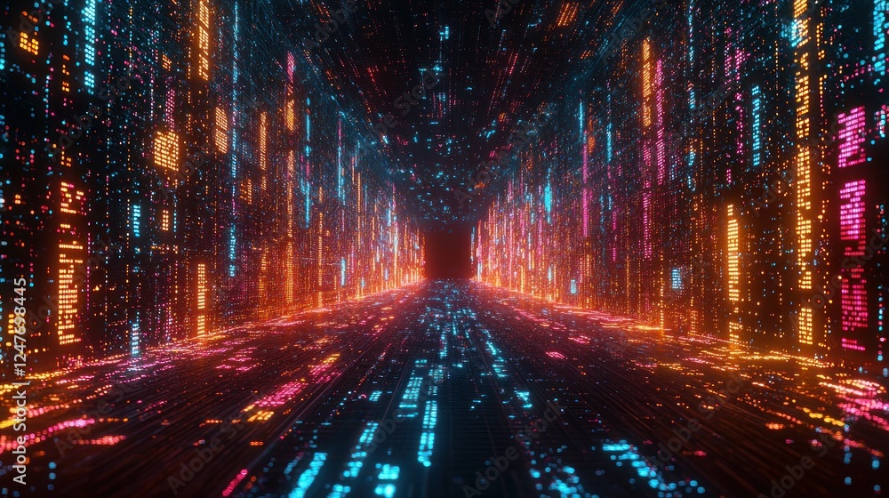 Poster digital data stream tunnel, glowing code, abstract background, tech concept