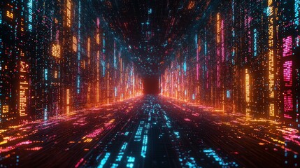 Naklejka premium Digital data stream tunnel, glowing code, abstract background, tech concept