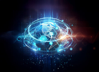 A glowing blue globe encircled by digital lines and shapes, evokes a sense of global network and modern technology, set against a dark backdrop.