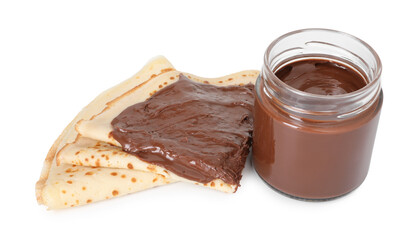 Tasty crepes with chocolate butter isolated on white