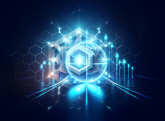 Futuristic digital concept with glowing blue geometric shapes, cubes, and hexagons, connected by lines and arrows in a modern abstract design.