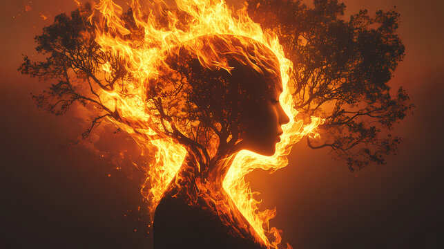 Woman silhouette merging with burning tree, symbolic of inner strength and resilience. Symbolic Rebirth. Illustration