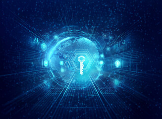Obraz premium Digital globe with a key and keyhole in a blue circuit board design. Represents global digital security and technological access with a shining light effect.