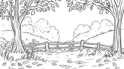 Autumnal countryside path, trees, fence, hills, leaves