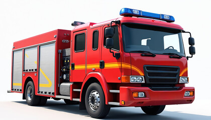 Red firetruck isolated on white background. Emergency vehicle ready for action. Fire rescue vehicle with details like red, yellow stripes. Modern design. Safety equipment visible. Transportation of