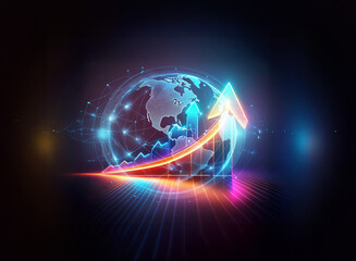 Obraz premium A radiant globe with an ascending arrow and luminous lines symbolizes worldwide expansion and interconnected progress against a dark backdrop.