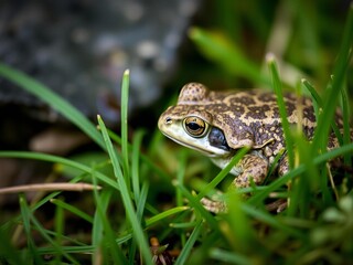 Fototapeta premium Close up photo of a toad camouflaged in lush green grass in Sweden, reptile, wildlife