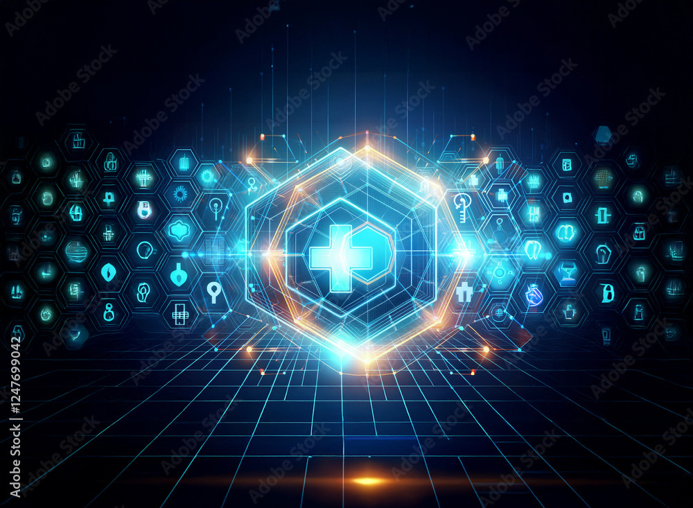 Poster futuristic digital interface with a central glowing hexagon containing a plus symbol, surrounded by 