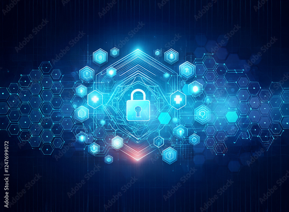 Poster digital security is highlighted with a central padlock amidst glowing hexagons, creating a futuristi
