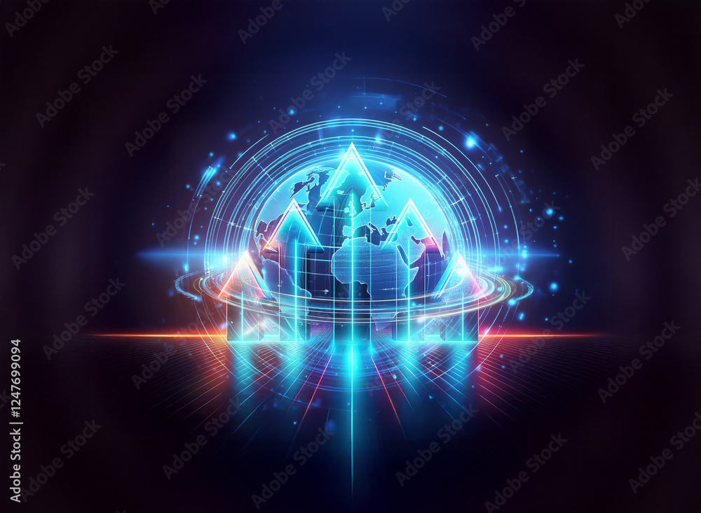 Poster futuristic digital globe with glowing blue arrows pointing upwards. abstract design featuring bright