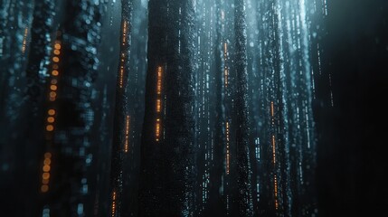 Digital forest data stream, glowing lines, abstract background, technology concept