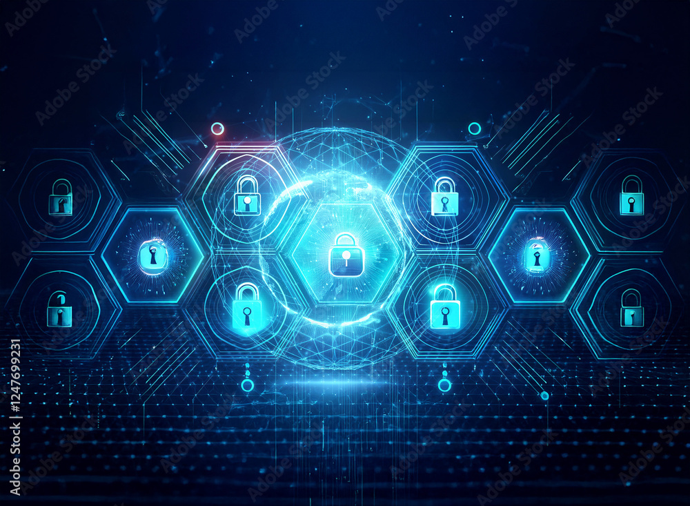 Aufkleber a digital network security concept featuring glowing blue padlocks inside hexagons, connected by lin