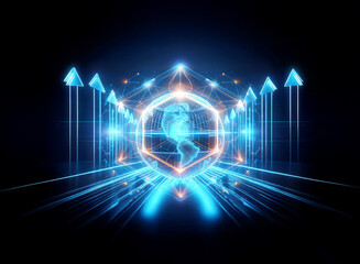 Futuristic blue geometric design with glowing neon lines and upward arrows against a dark backdrop, creating a technological and modern abstract feel.