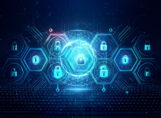 A digital network security concept featuring glowing blue padlocks inside hexagons, connected by lines and dots against a dark backdrop, symbolizing data protection.