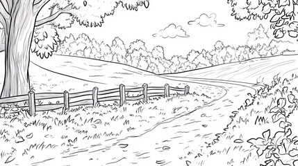 Countryside path, rolling hills, fence, trees, idyllic scene