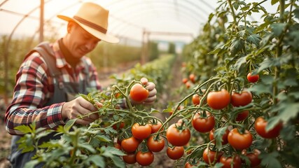 Farmer in greenhouse picking ripe tomatoes, cultivating fresh produce, cultivation, harvest