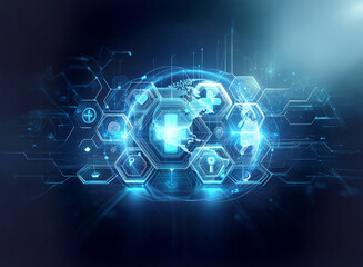 Glowing blue globe encircled by hexagons, symbolizing global technology and healthcare innovation. Futuristic and digital network with medical icons.