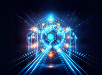 Luminous globe at the center, encircled by geometric patterns and radiant lines. Bright blue and orange light glows against a dark background.