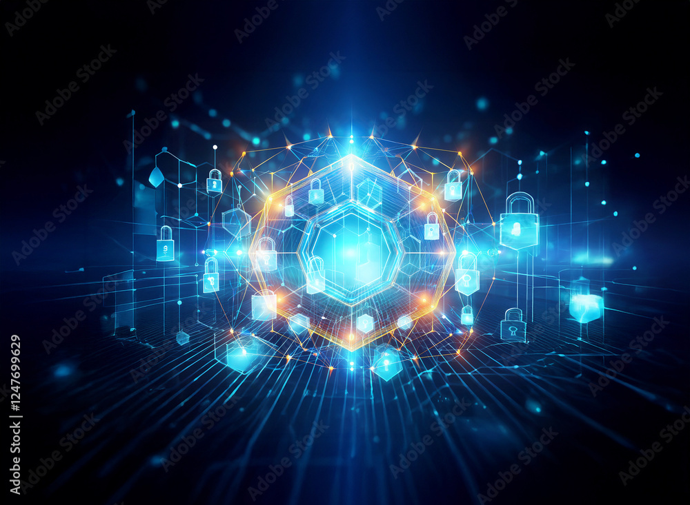 Aufkleber a glowing blue hexagon with padlocks and circuit lines, symbolizes digital security and network prot