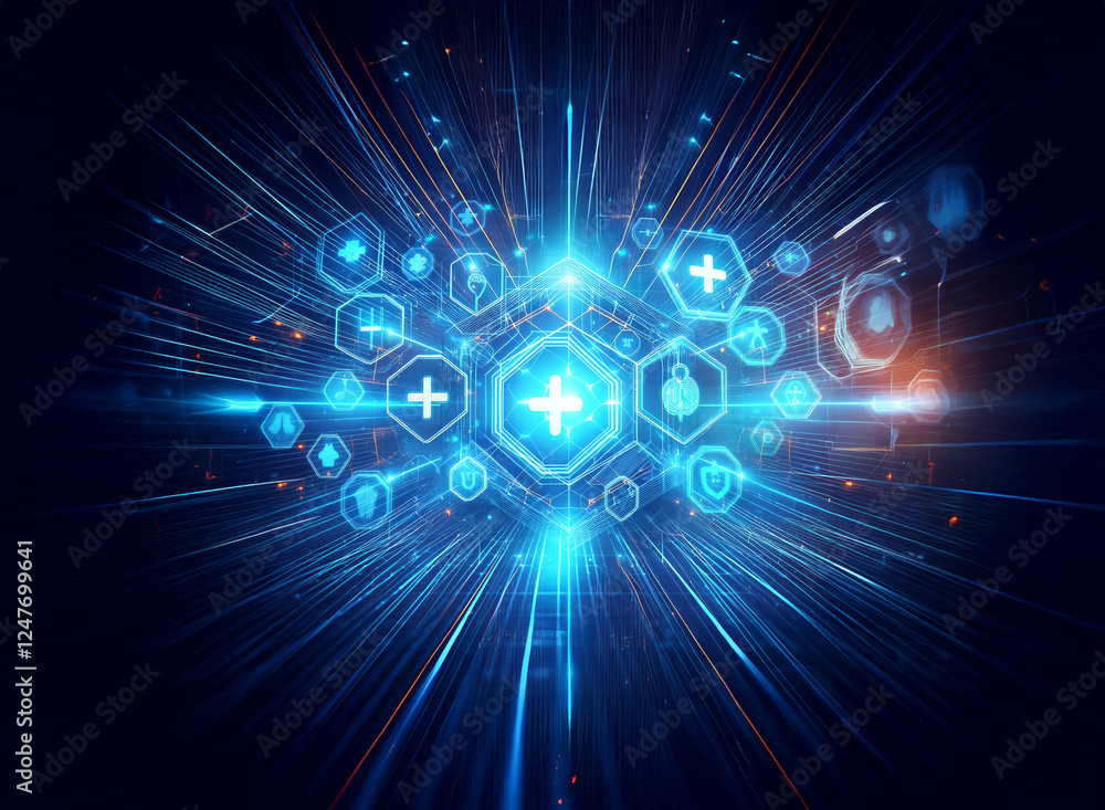 Aufkleber abstract futuristic blue technology display with glowing hexagonal medical icons and radiating light
