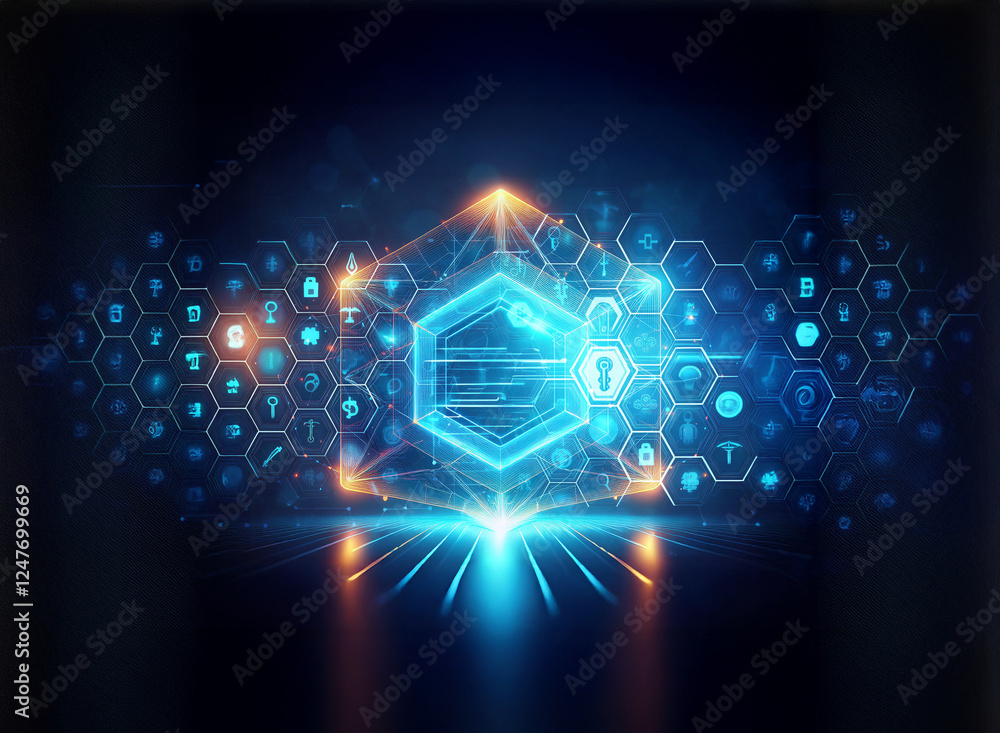 Poster bright blue hexagon with a padlock at the center glows amidst a network of smaller hexagons and radi