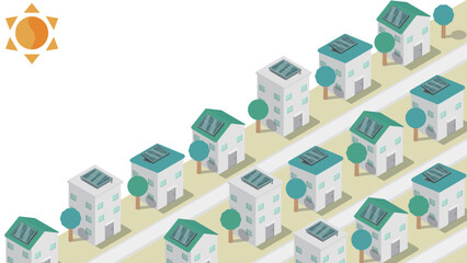 コピースペースのあるアイソメトリックな太陽光パネルが設置された住宅街のイメージ素材