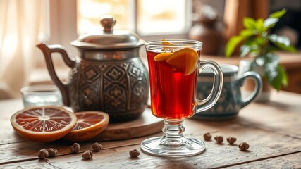 Fototapeta premium Glass of hot Turkish tea on wooden table in cozy kitchen setting with copy space for text or design, cozy atmosphere, rustic