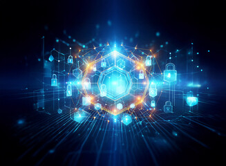 Obraz premium A glowing blue hexagon with padlocks and circuit lines, symbolizes digital security and network protection in a futuristic and abstract style.