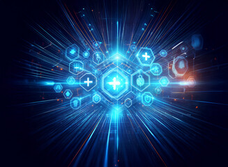 Abstract futuristic blue technology display with glowing hexagonal medical icons and radiating light beams creating a digital network.