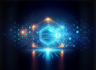 Bright blue hexagon with a padlock at the center glows amidst a network of smaller hexagons and radiant lights, representing digital security and futuristic technology.