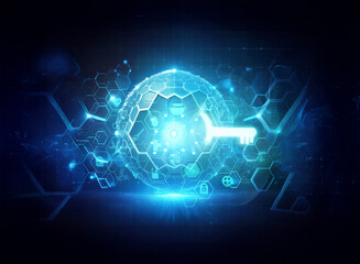Glowing key unlocks a digital sphere filled with icons, set against a dark backdrop. Blue abstract tech design conveys security and access in a futuristic style, highlighting network connection.